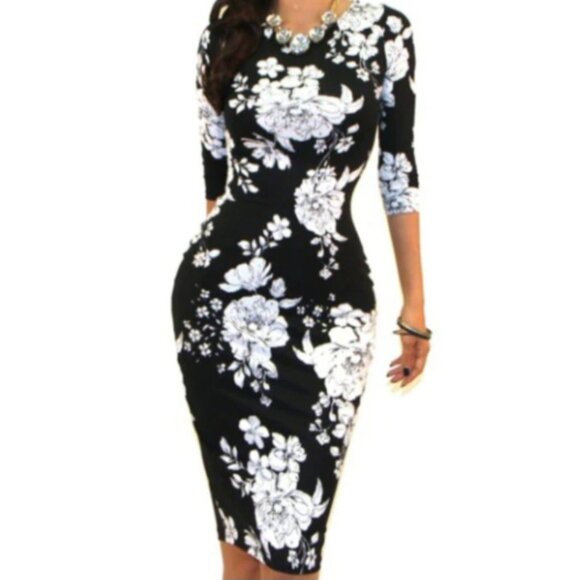 Got Style Dani Black White Floral 3/4 Sleeve Bodycon Party Cocktail Dress - Picture 1 of 4